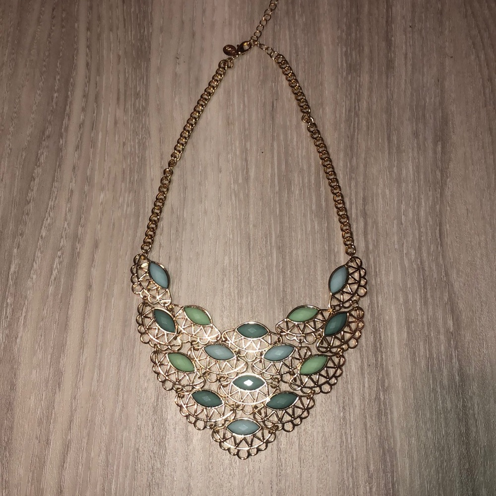 Mint green, baby blue, gold statement necklace